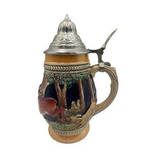 Vintage 0.5L German Beer Stein With Pewter Lid & Hand-Painted Hunting Scene